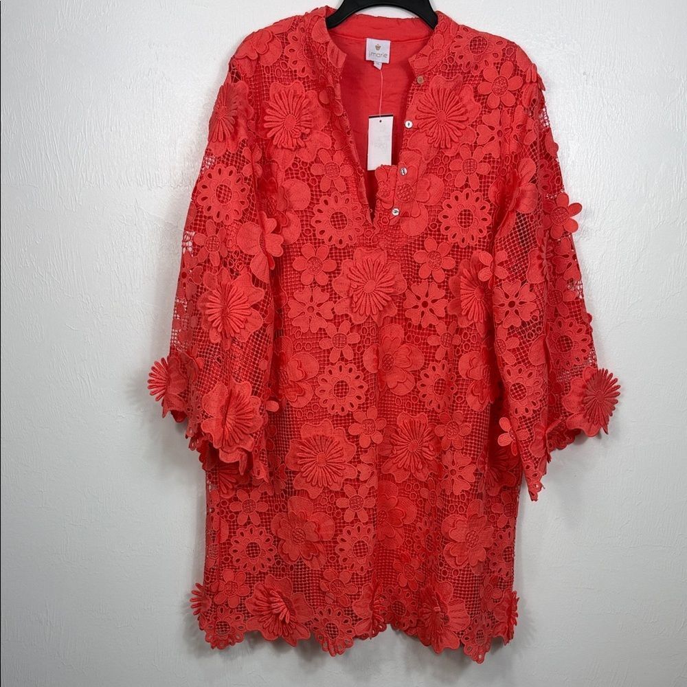 J. Marie The Seraphina Dress Coral Floral Lace Appliqué Crochet Sheer Overlay M - Picture 3 of 9